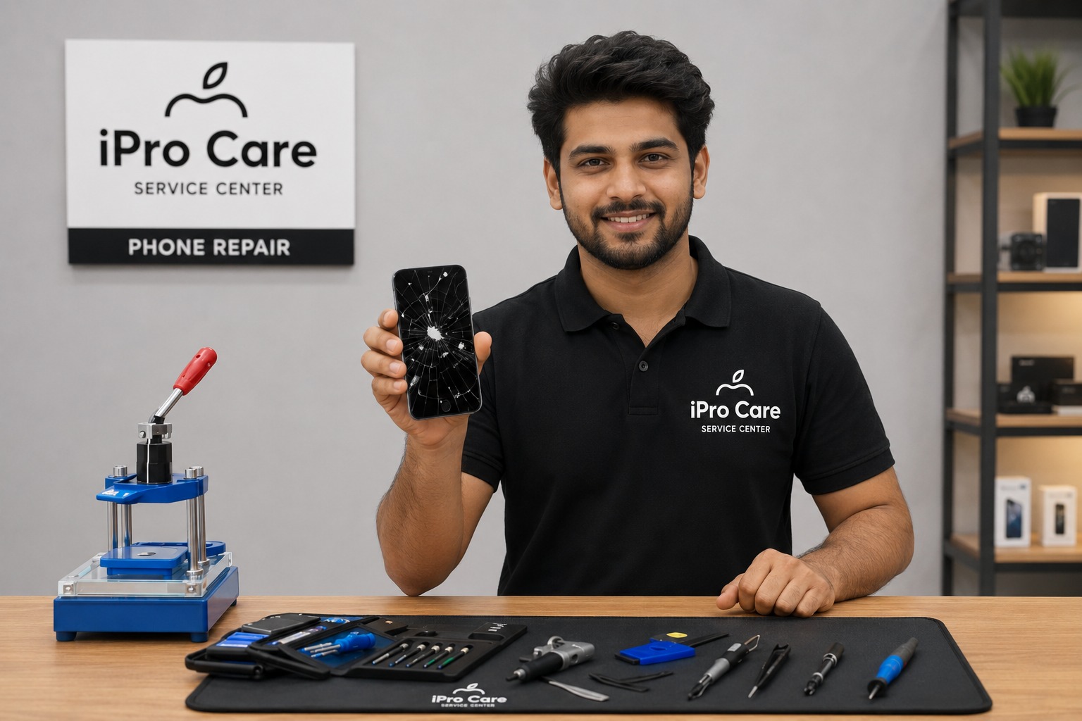 An iPro Care team member holding a phone with a cracked screen