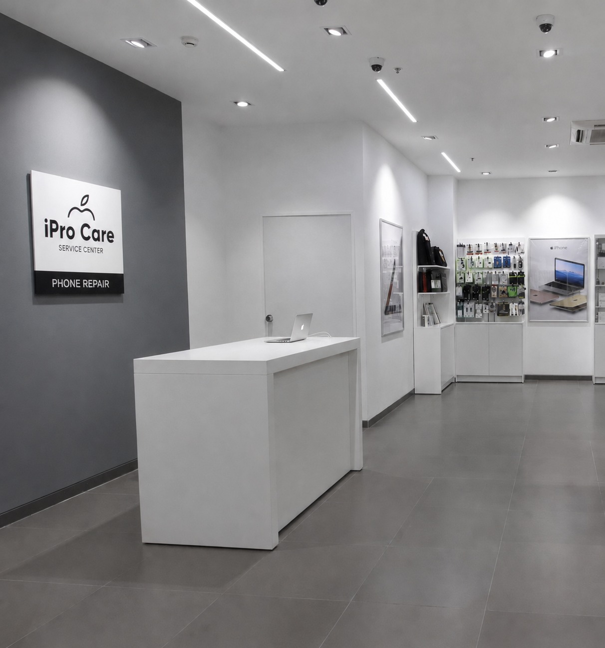 The reception area and accessory displays at iPro Care Indiranagar