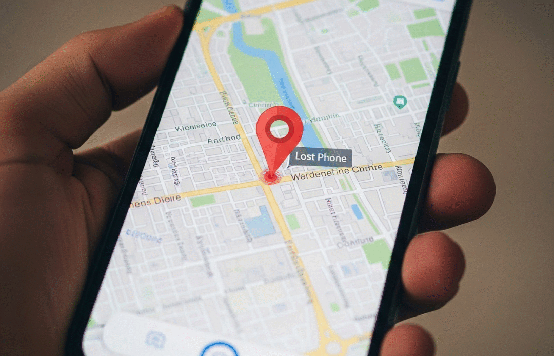 Smartphone with location icon showing lost phone
