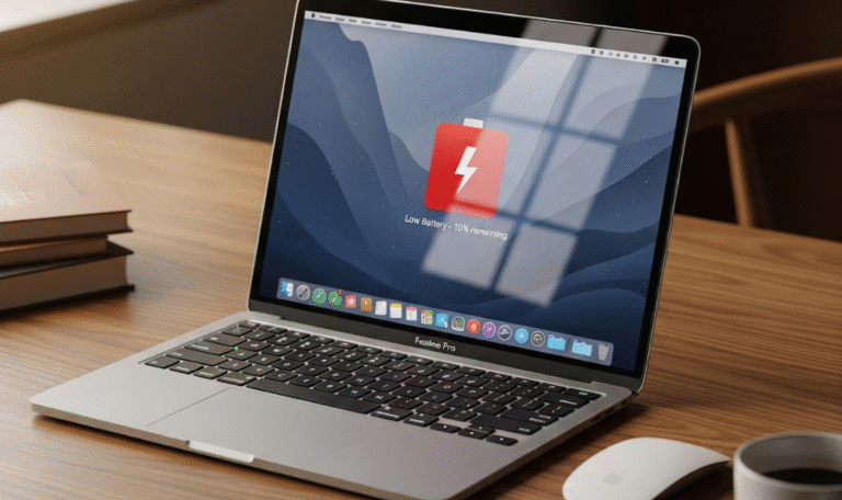 MacBook on desk showing low battery warning symbol