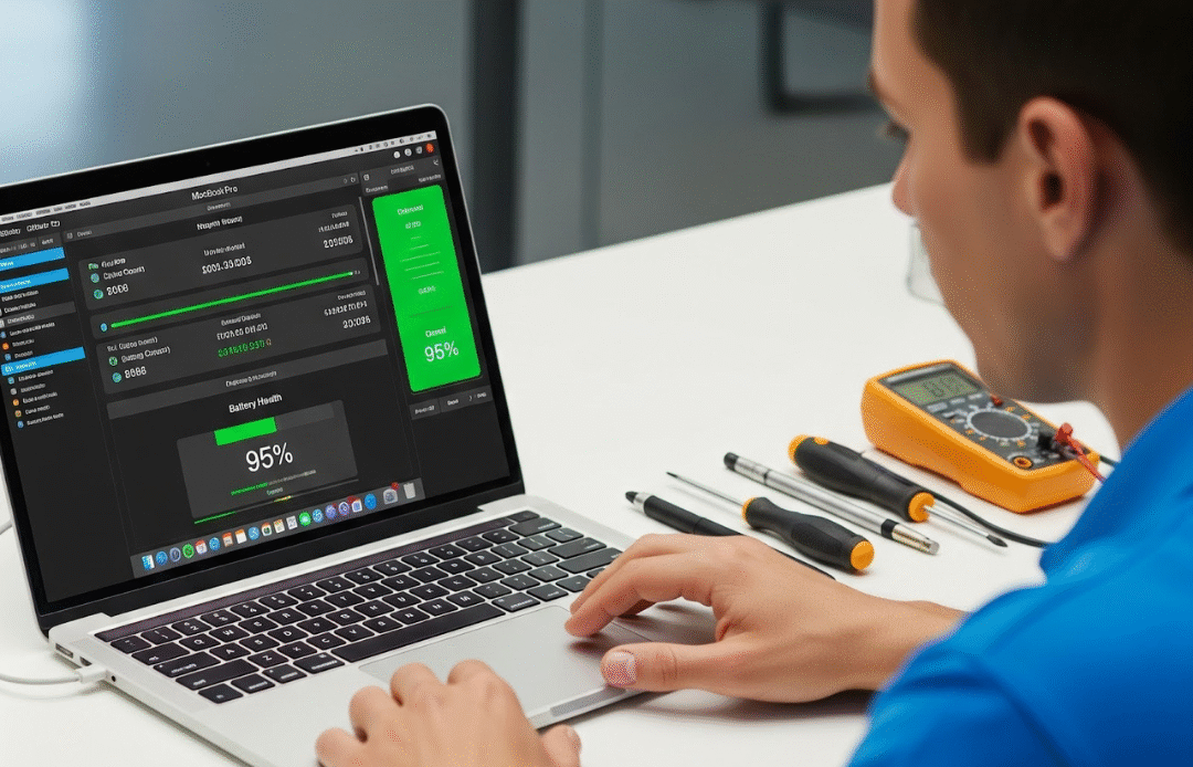 Technician checking MacBook battery health using diagnostic software