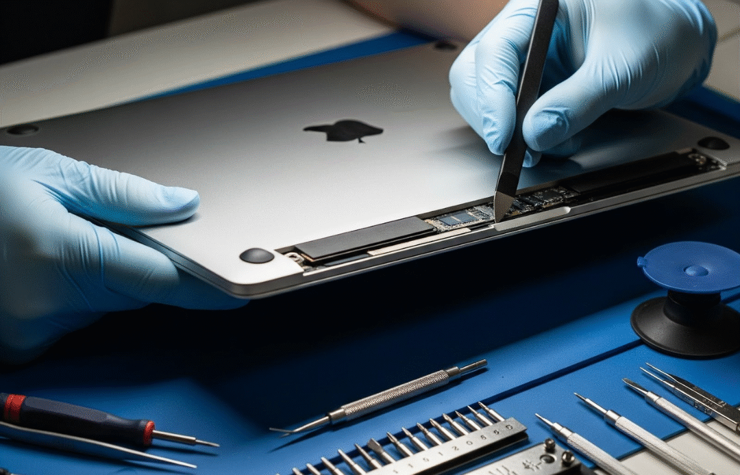 Professional opening MacBook with precision repair tools