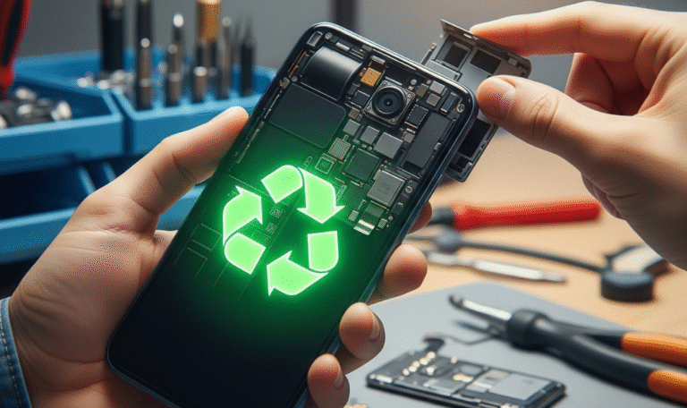 Smartphone with recycling symbol representing eco-friendly repair